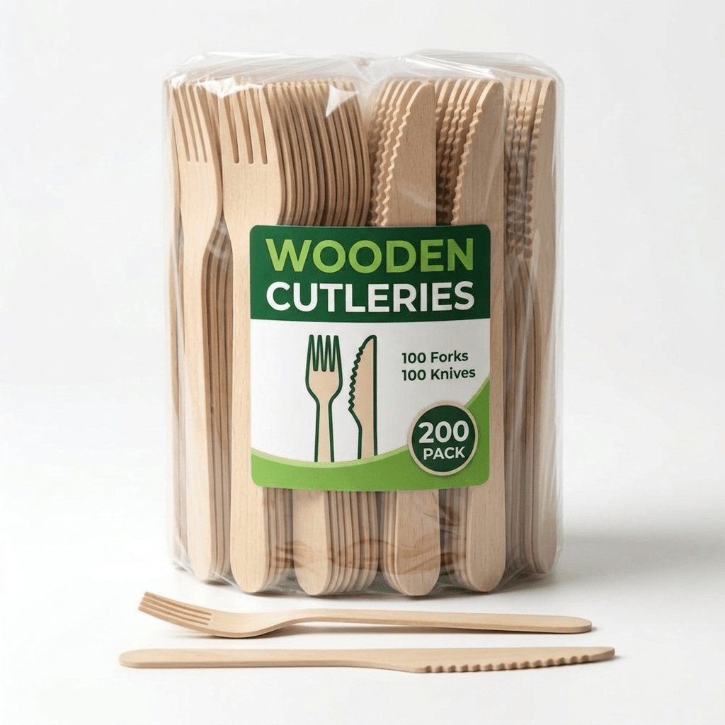 TEMU 200 Pack Wooden Disposable Cutlery Set With 100 Forks, 100 Knives - Wooden Utensils For Bbq Camping Parties, Weddings