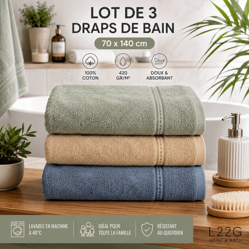 lot de 3 draps de bain 70 x 140 cm – 100% coton – 420 g/m² – serviettes de bain douces, absorbantes et moelleuses – bleu, beige & vert sauge
