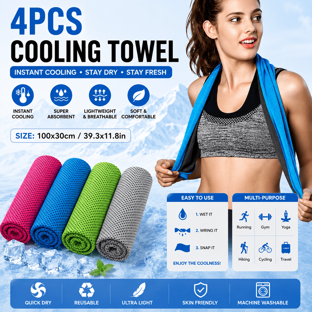 4pcs Cooling Towels 100×30cm, Instant Cooling Microfiber Towels, Reusable Quick Towels For Gym, Fitness, Yoga, Running, Hiking & Travel