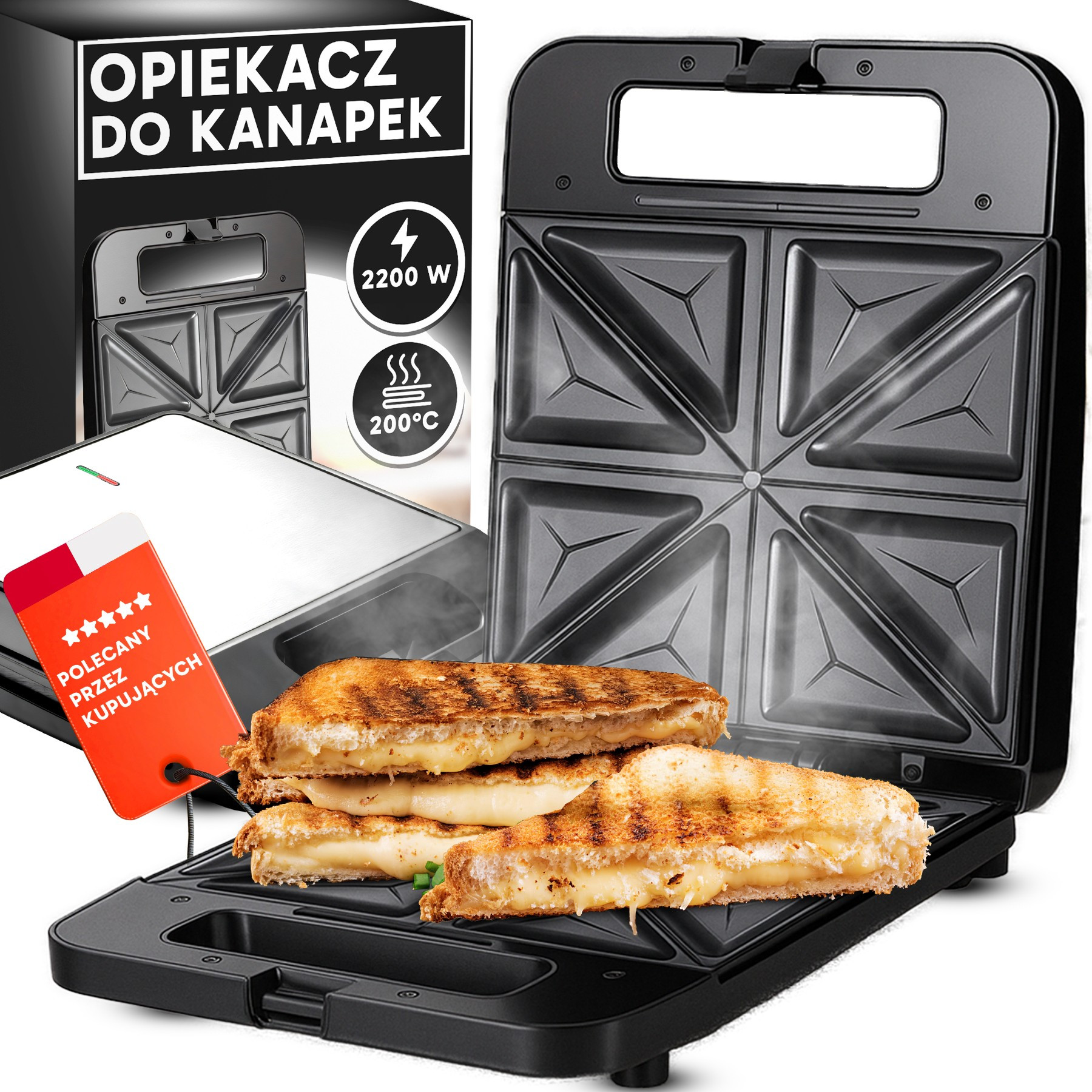 Sandwich Grill Toaster Xxl 1400w 4 Toasts 8 Triangles Coating Thermostat Control Lights