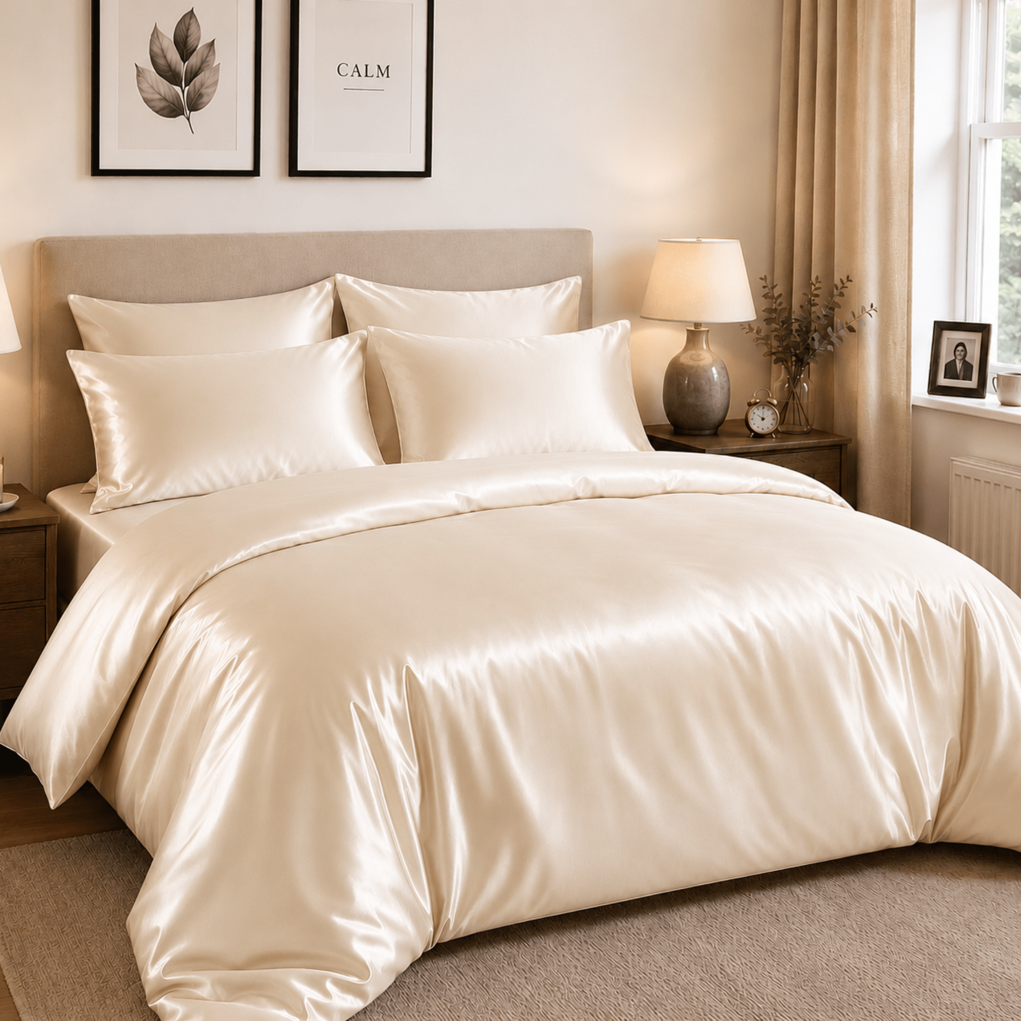 TEMU Luxury Satin Duvet Set 6pcs Soft Silk Feel Bedding Set With Fitted Sheet And 4 Pillowcases For Double King Super King