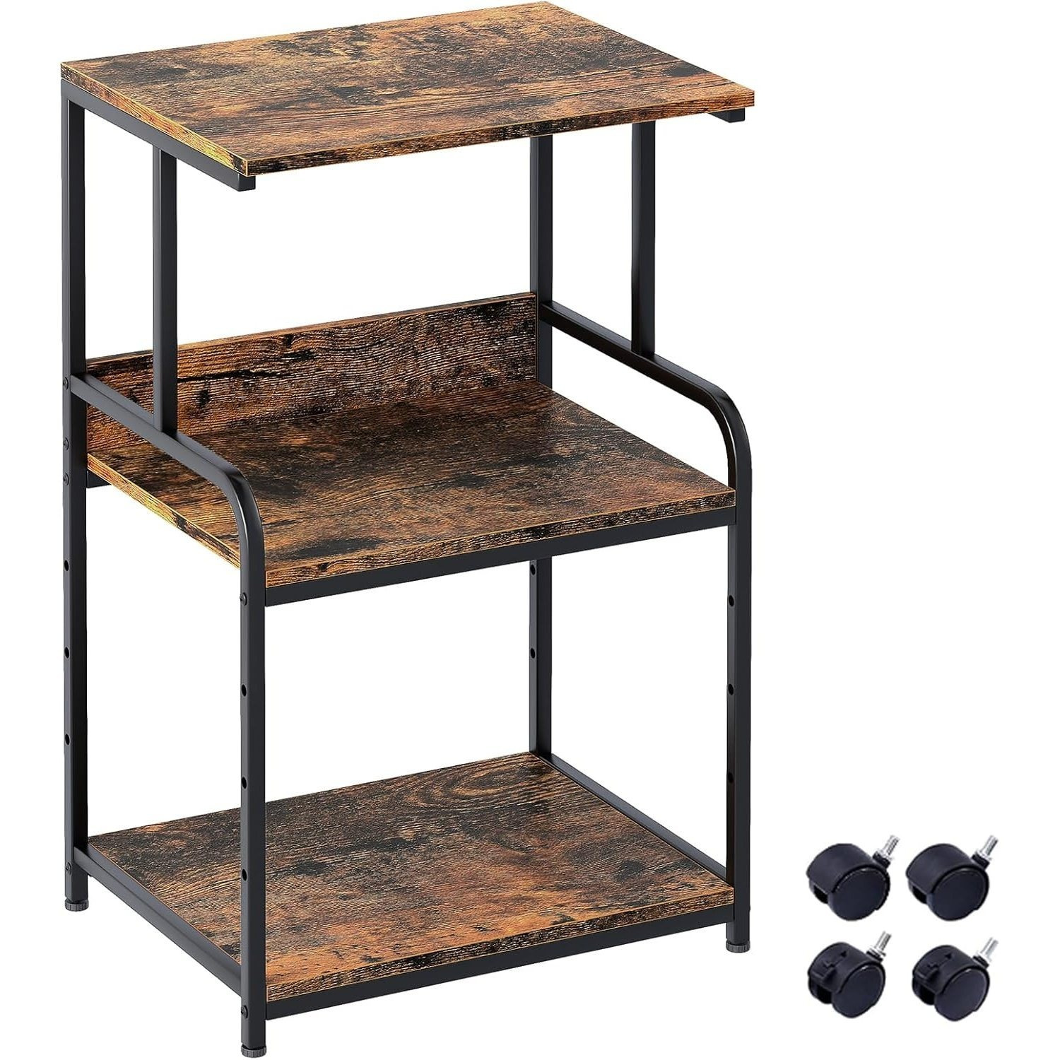 Image of 3-tier Printer Shelf With Wheels, Mobile Storage Cart Made Of Metal And Wood Look, Rollable Shelf Cart For Office, Living Room And Kitchen