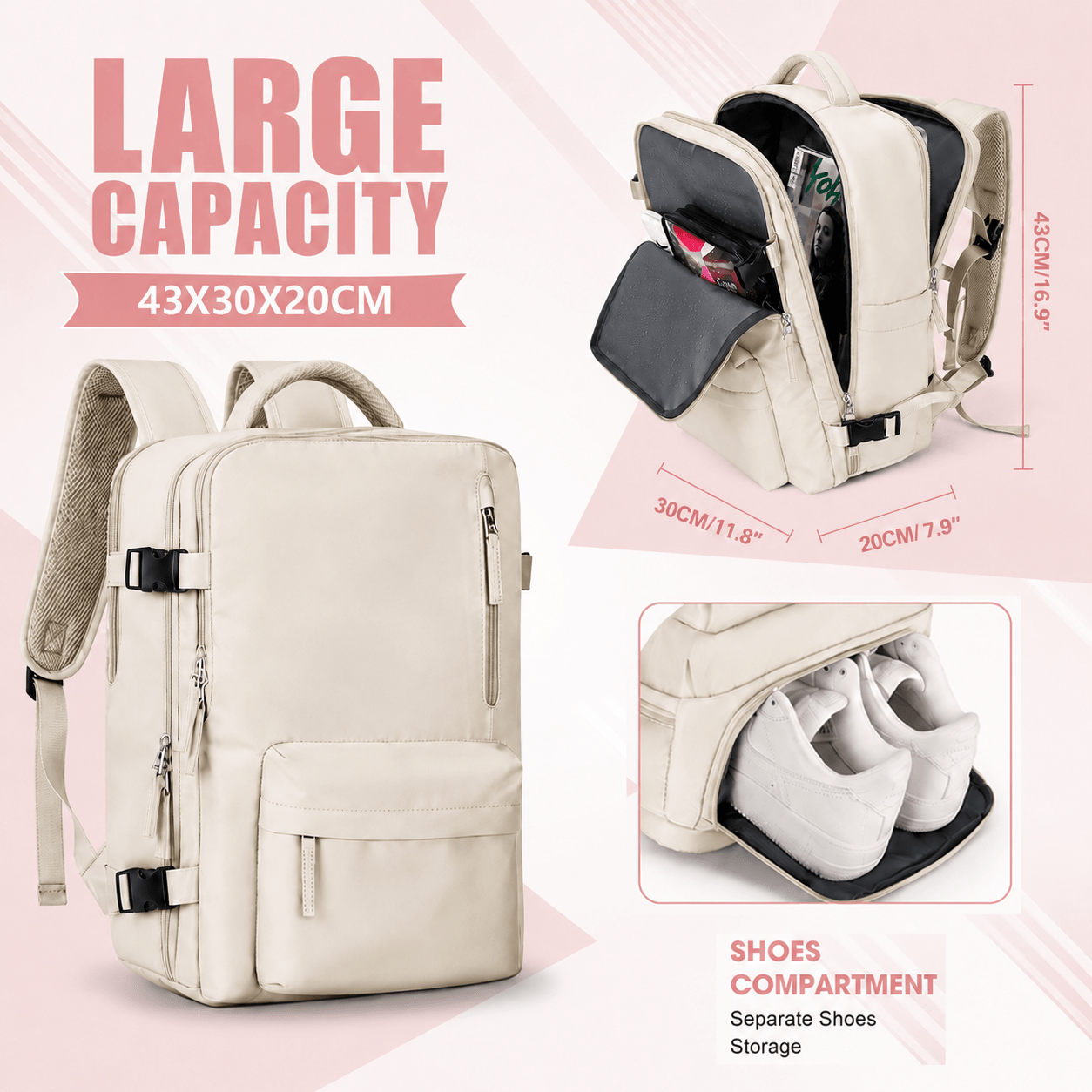 TEMU Sac à dos multifonctionnel de grande , taille 43×30×20 cm, indispensable pour les . Structure à plusieurs compartiments avec un grand espace de