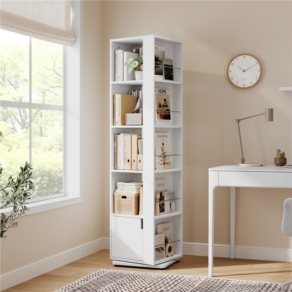 TEMU Costoffs 5-tier 360° Rotating Bookcase Tower, 42×42cm 169cm High Corner Bookshelf With Closed Storage, Compact Freestanding Spinning Revolving