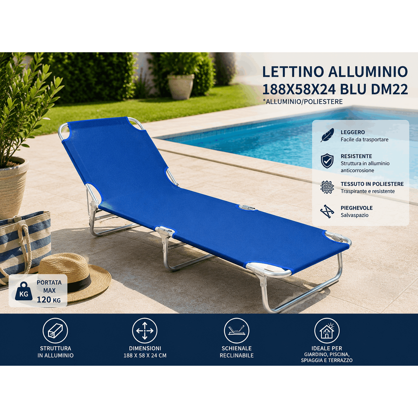 TEMU Foldable Aluminum Sun Lounger 188x58x24 Cm – Garden, Pool, And Beach Reclining Deck Chair With Adjustable Backrest