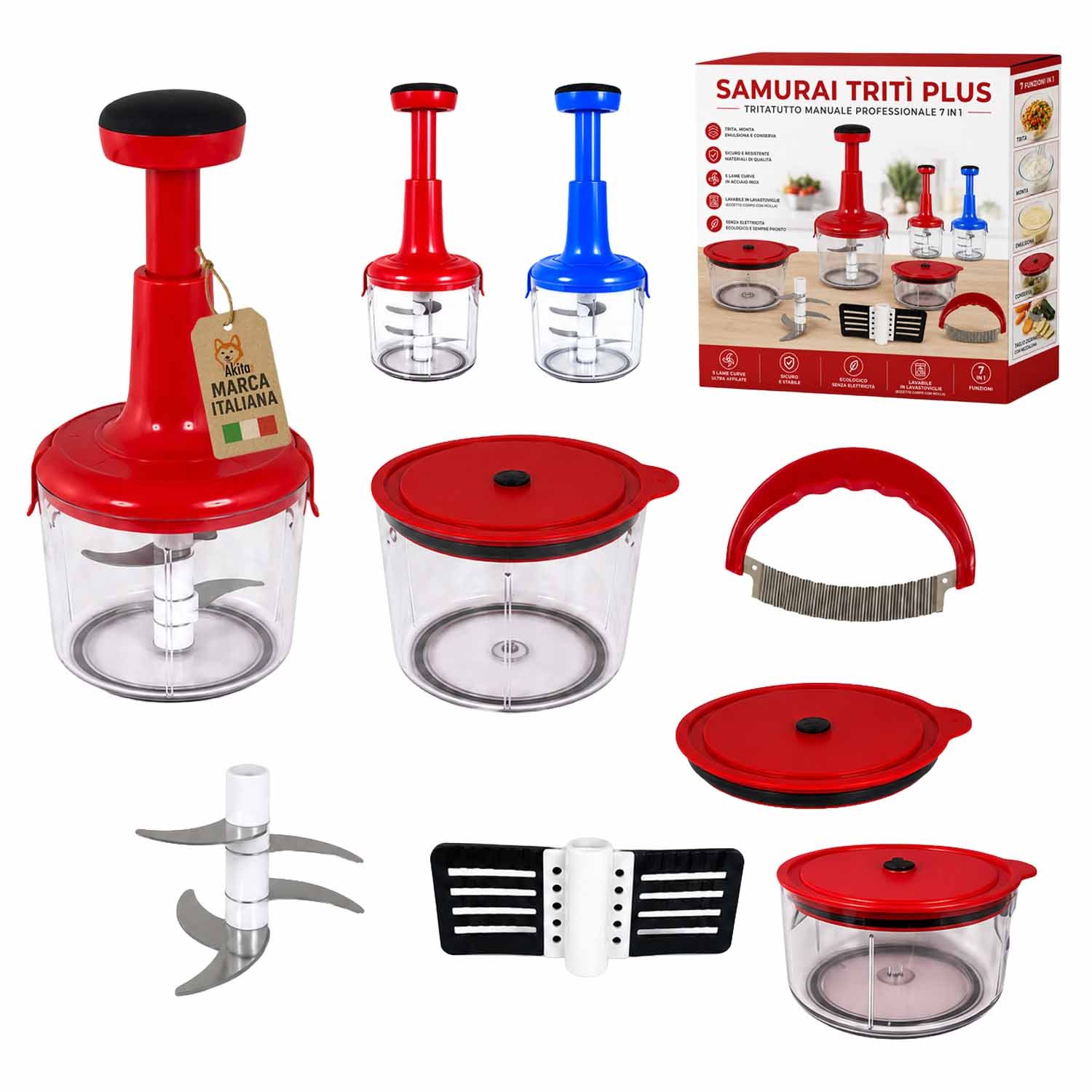 TEMU Akitaink Tritì Plus Manual Pressure Triturator With 5 Stainless Steel , 3 Containers, Emulsifier, Wavy And Freshness Preserving Lid, Assorted