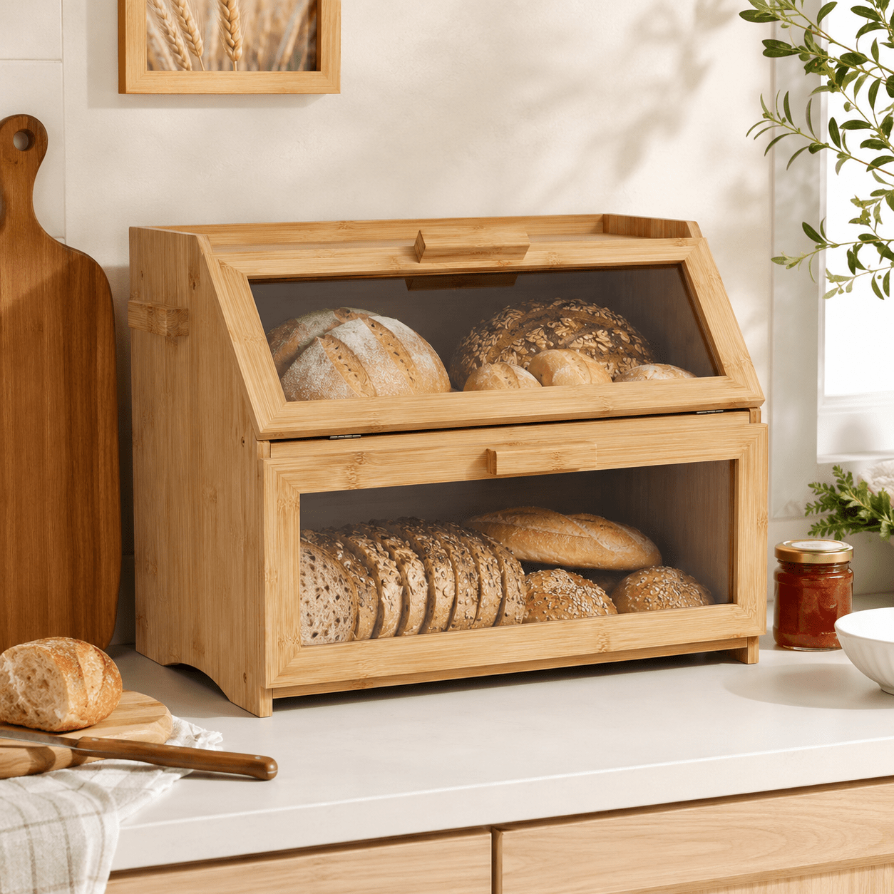 Double Layer Bread Box For Kitchen Counter Bamboo Storage Bread Container (w)39 X (h)32 X (d)25 Cm