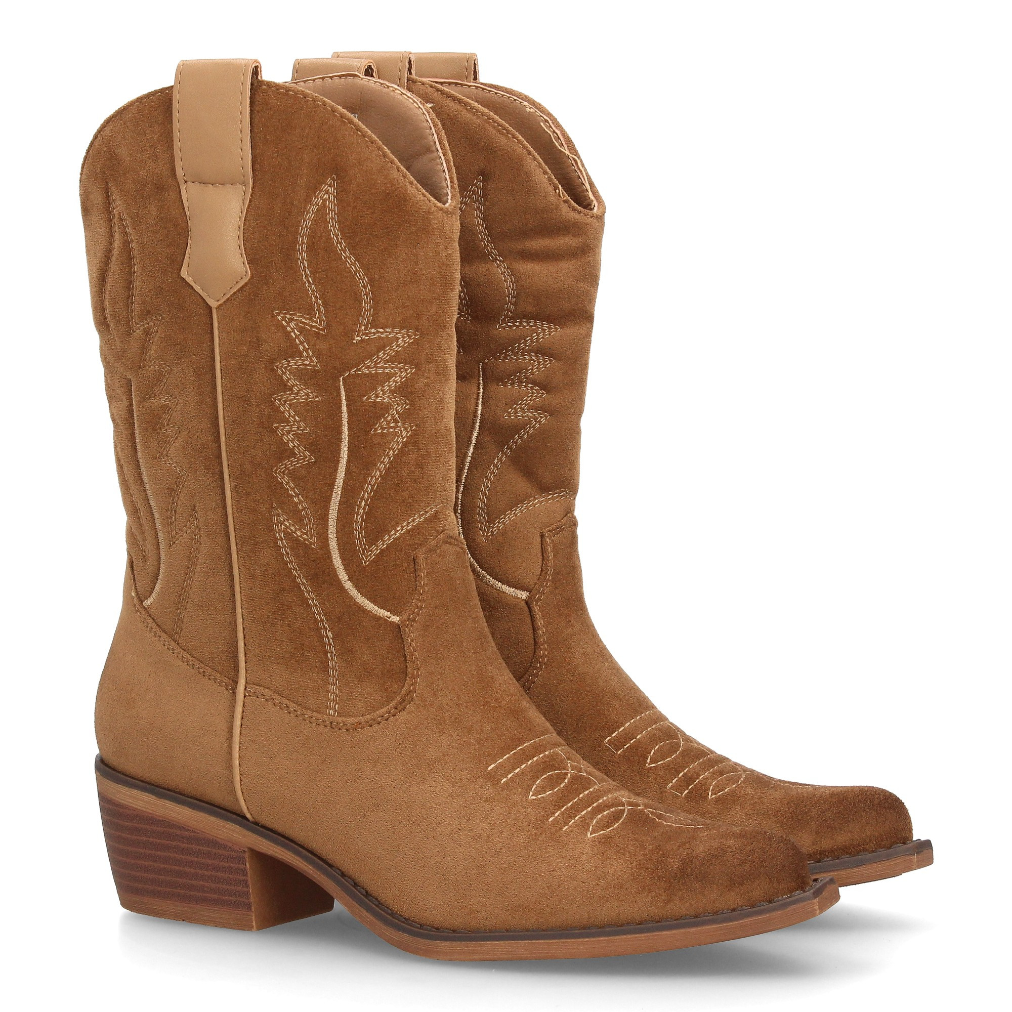 Image of Women's Western-style Cowboy Boots With Clean And Elegant Design. High Shaft With Decorative Stitching And Zipper Closure, Low, Wide, And Comfortable Heel. Ideal For Autumn Winter.