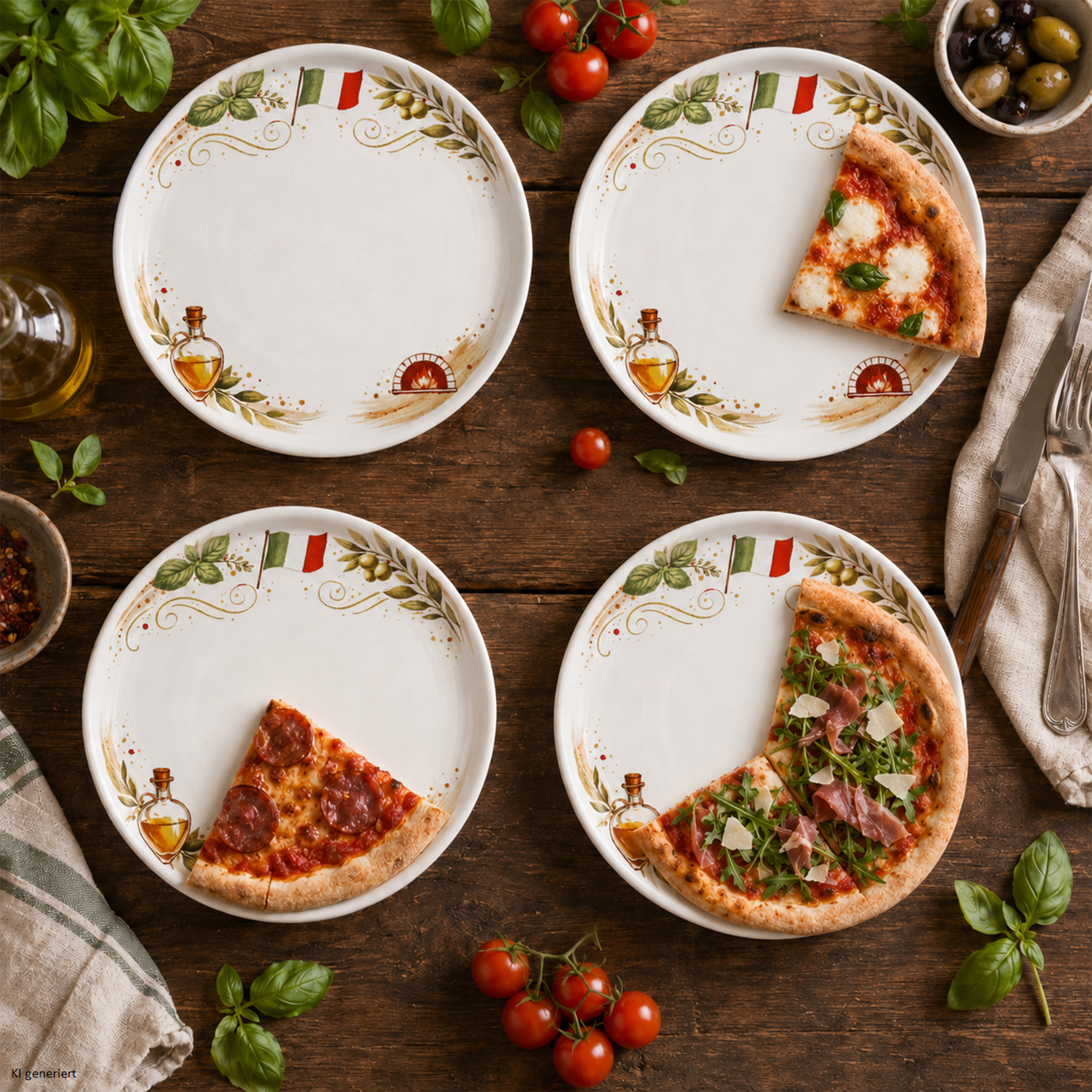 Image of 4-piece Set Katja Pizza Plates With Italy Decor, Xl Porcelain Plates For Pizza, Antipasti, , Serving & Plating, Light Surface Sprinkles