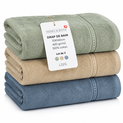 photo de l'article lot de 3 draps de bain 70 x 140 cm – 100% coton – 420 g/m² – serviettes de bain douces, absorbantes et moelleuses – bleu, beige & vert sauge