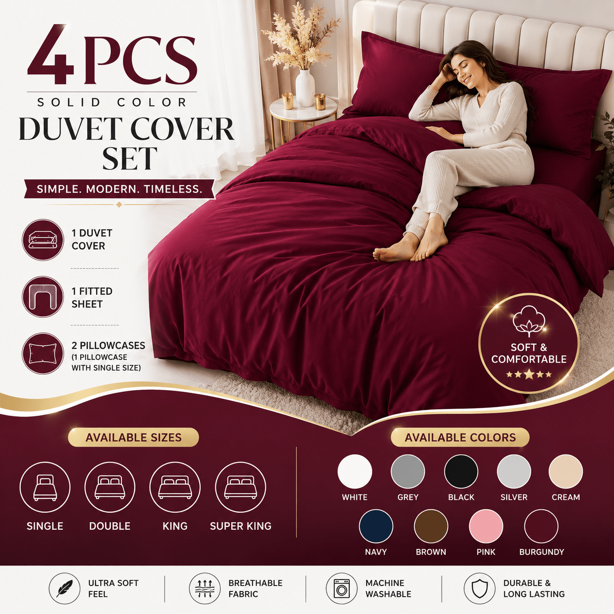 TEMU Cooling Bedding Set 4pcs Summer Essential, Soft Breathable Microfiber Quilt Cover Solid Color, Duvet Cover Fitted Sheet Pillowcases, All Sizes