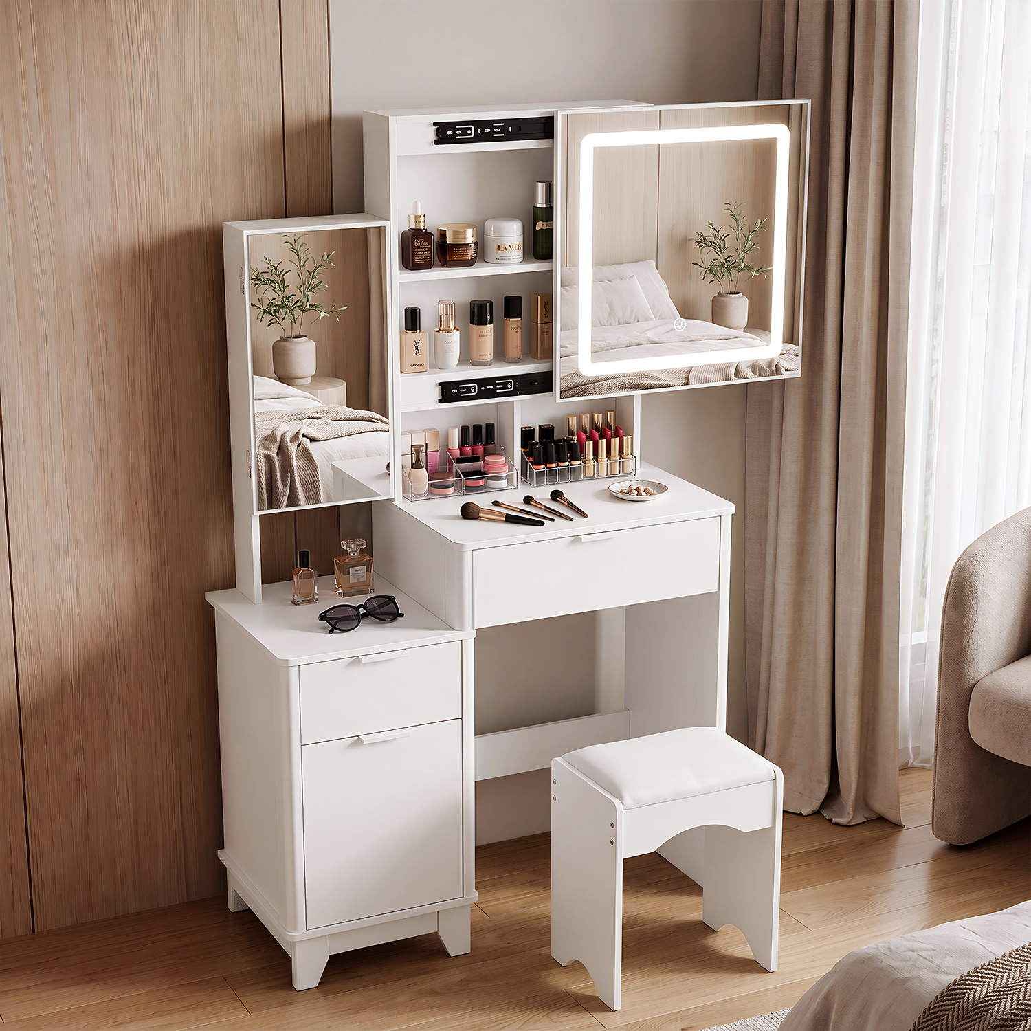 Modern Makeup Table Set With 2 Mirrors And Stool, Makeup Table With Led Lighting And Hidden Cabinets, Cosmetic Table With 2 Drawers And 2 Doors, Dressing Table For Bedroom, 80x36x135cm, White