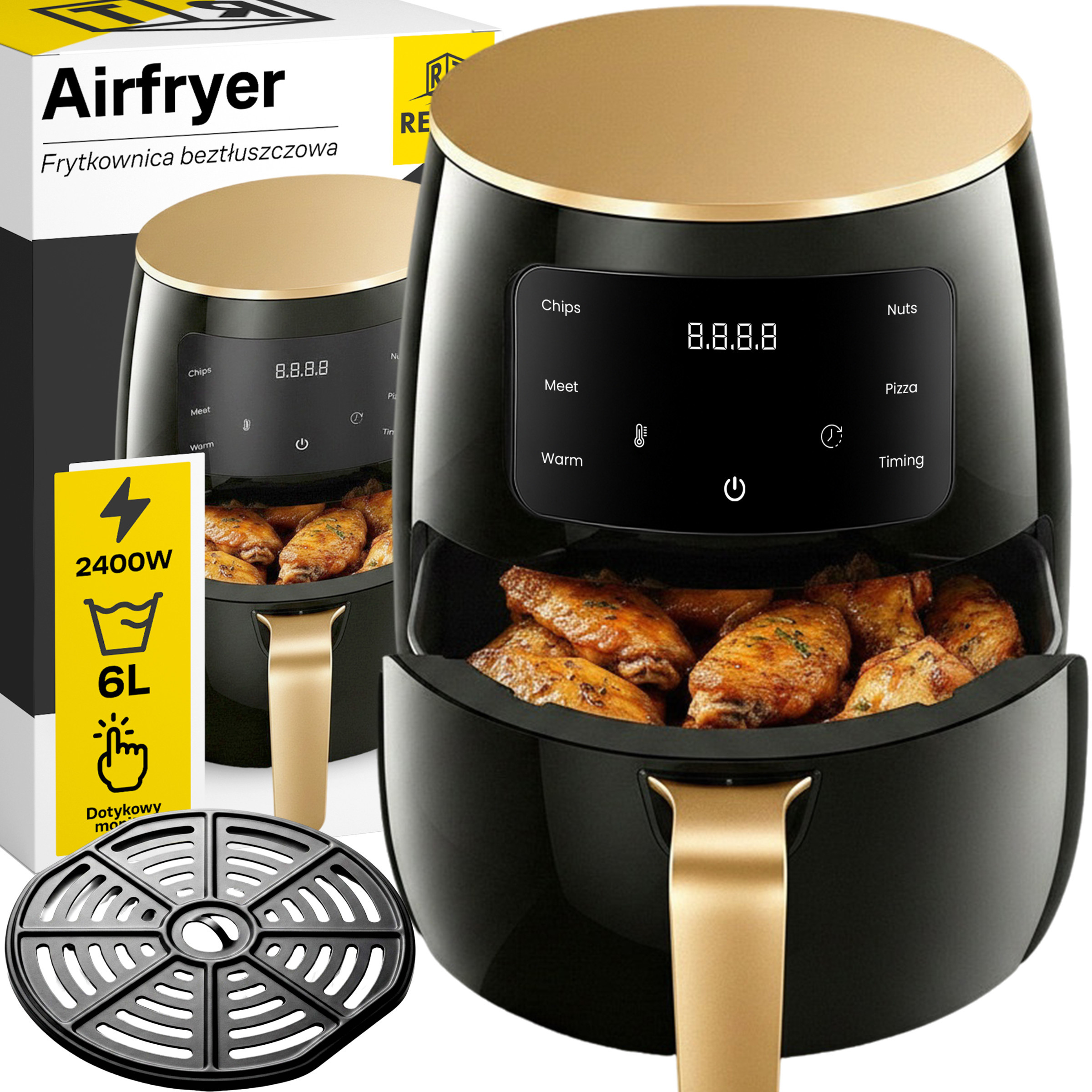TEMU Friteuse à Air 6L 2400W, Four à Circulation d'Air Chaud, Panneau de Commande Tactile avec Écran, Réglage de la Température et du Temps,
