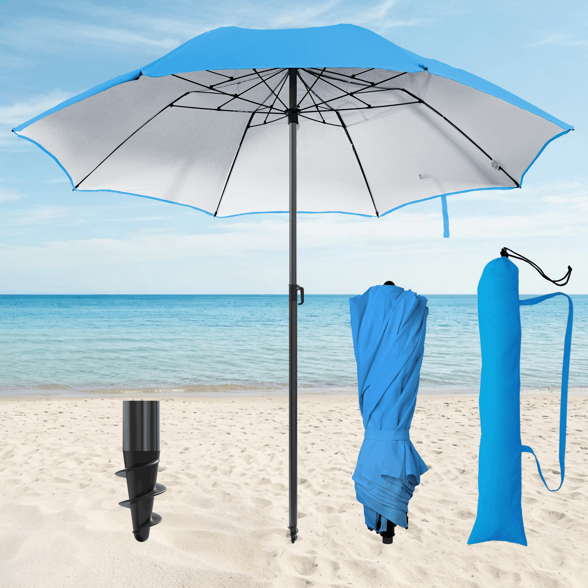 Collapsible Travel Sun Umbrella Ø160 Cm - Compact Beach Umbrella For Suitcase With Protective Cover, Light And Adjustable, In Blue, Beige, Turquoise, And Blue-white.