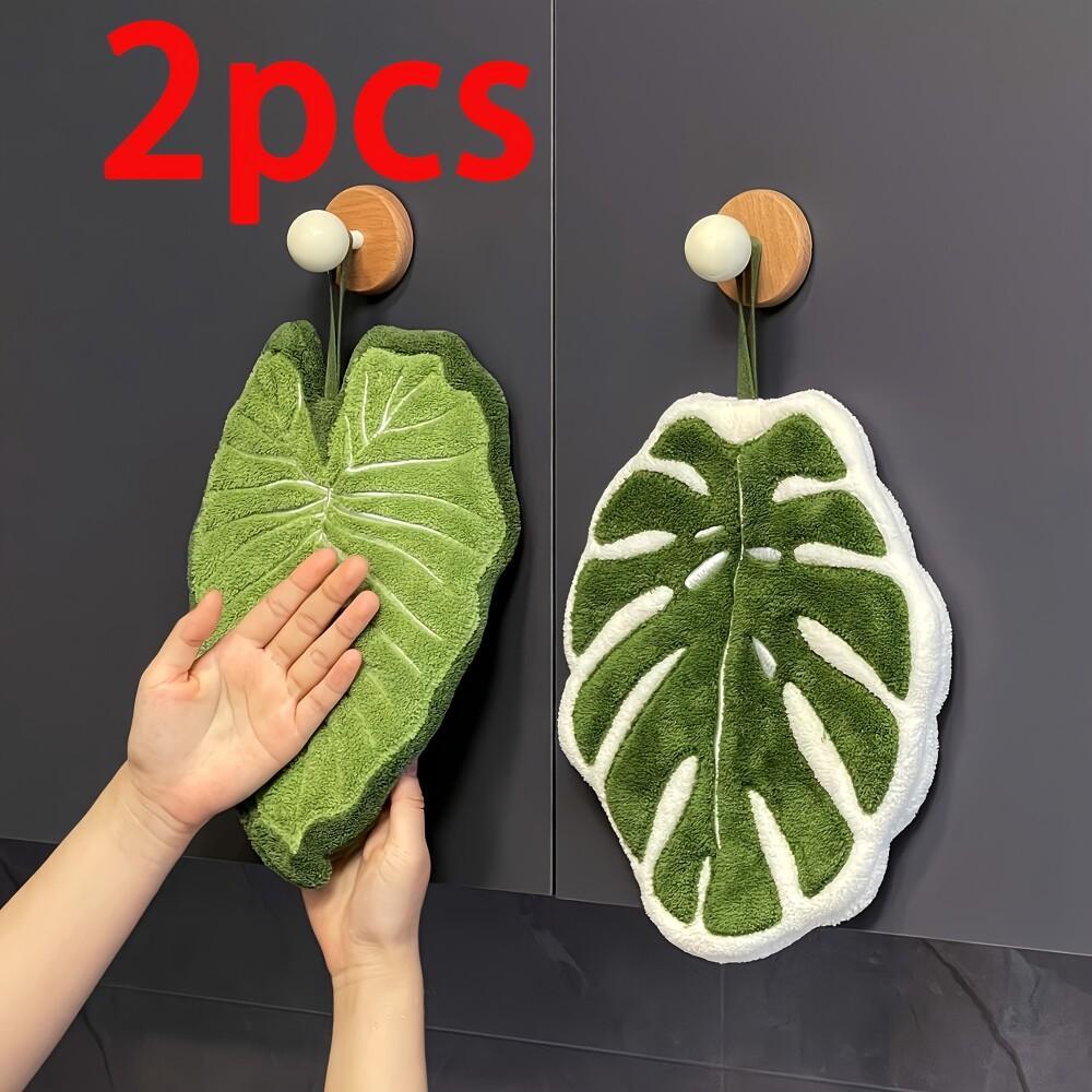 TEMU 2pcs Leaf-shaped Finger Towels With Hanging Loop - Absorbent Microfiber Bath & Kitchen Towels Suitable For Bathroom, Contemporary Leaf Hand