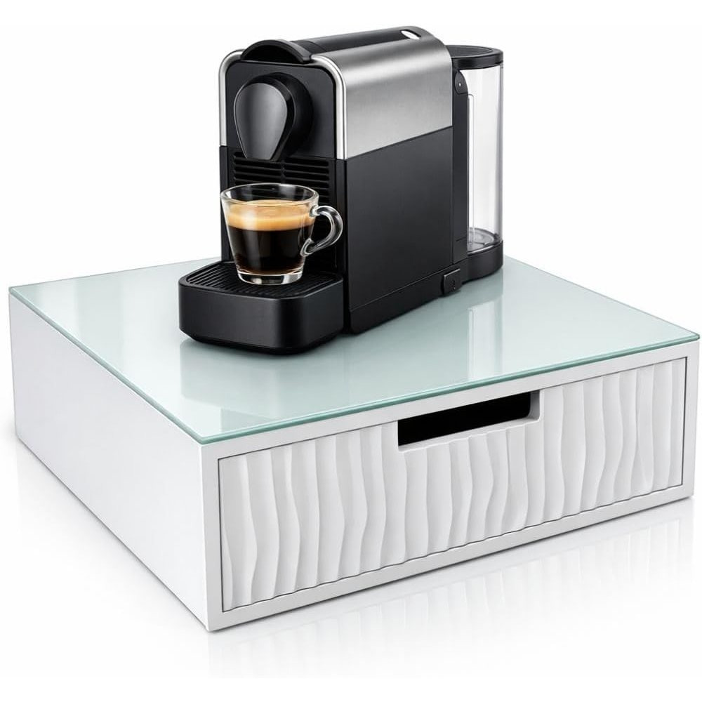 TEMU Porte-capsules et dosettes de café Cecaro Group avec tiroir en bambou et plateau en verre trempé transparent, 30x30x10 cm – Support de machine à
