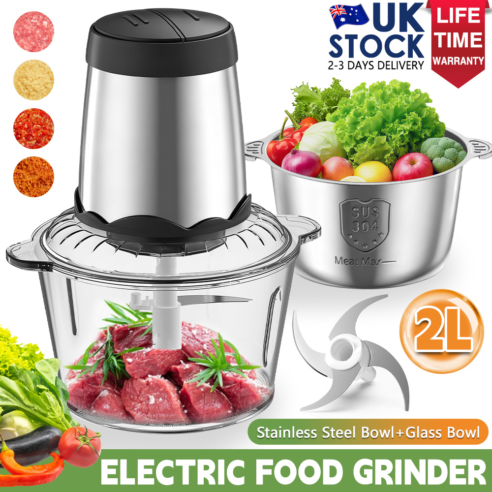 TEMU 2l Dual Cup Electric Meat Grinder Food Chopper, 304 Stainless Steel & Glass Bowl 2 In 1 Food Processor With Adjustable Electric Vegetable Dicer