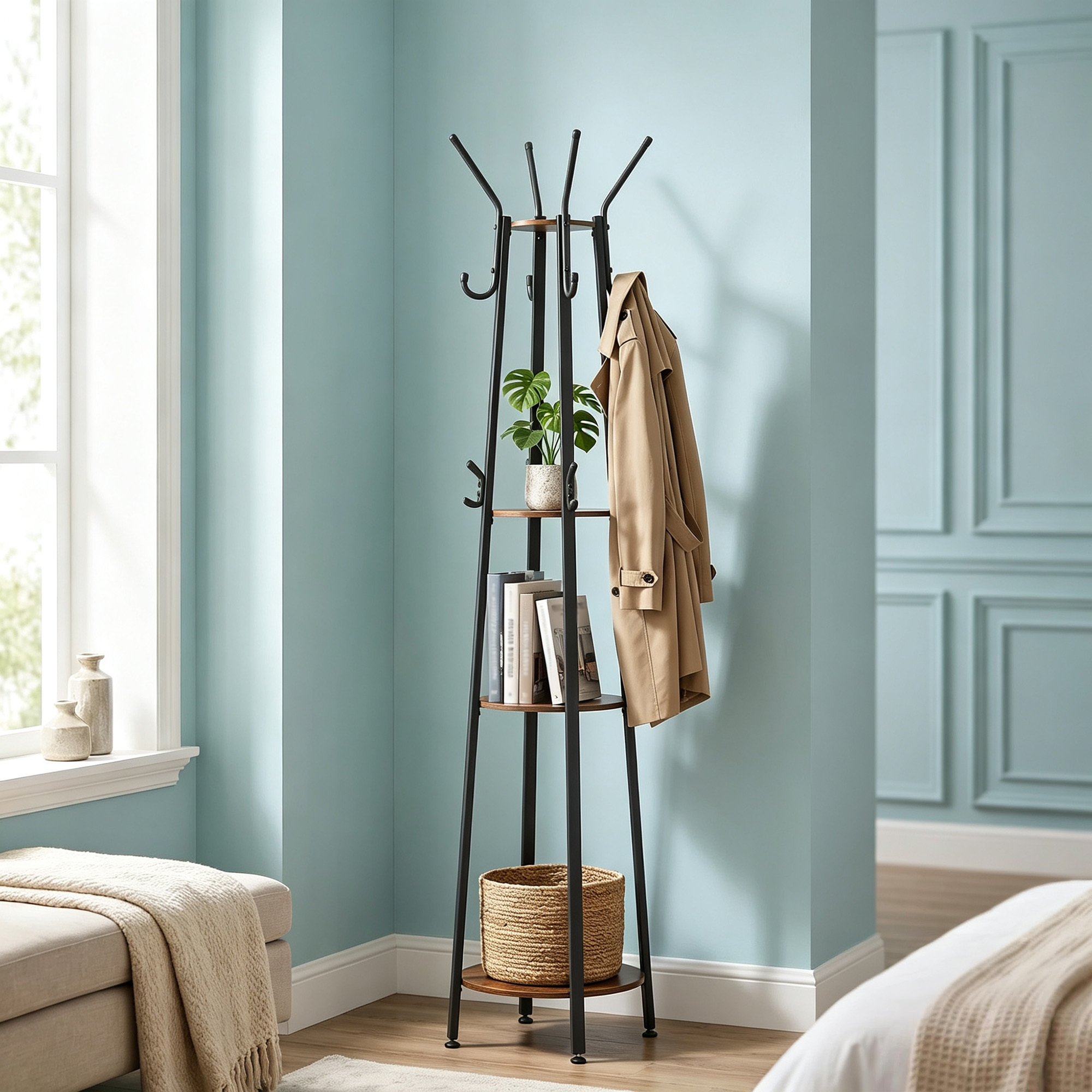 Image of Freestanding Coat Rack, Brown And Black Color Scheme, 16 Scratch-resistant Hooks + 3 Shelves + Large Storage Basket, Bedroom Entryway Storage Rack.