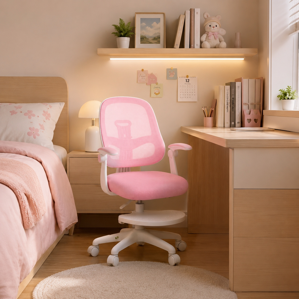 Ergonomic Mesh Study Chair, Height Adjustable Swivel Rolling Desk Chair With Soft Armrest, Breathable Student Task Chair For Bedroom Homework Room