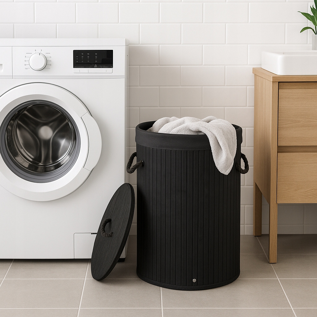 TEMU Panier à linge et lingerie rond et pliable en bambou, spacieux 60 litres, noir