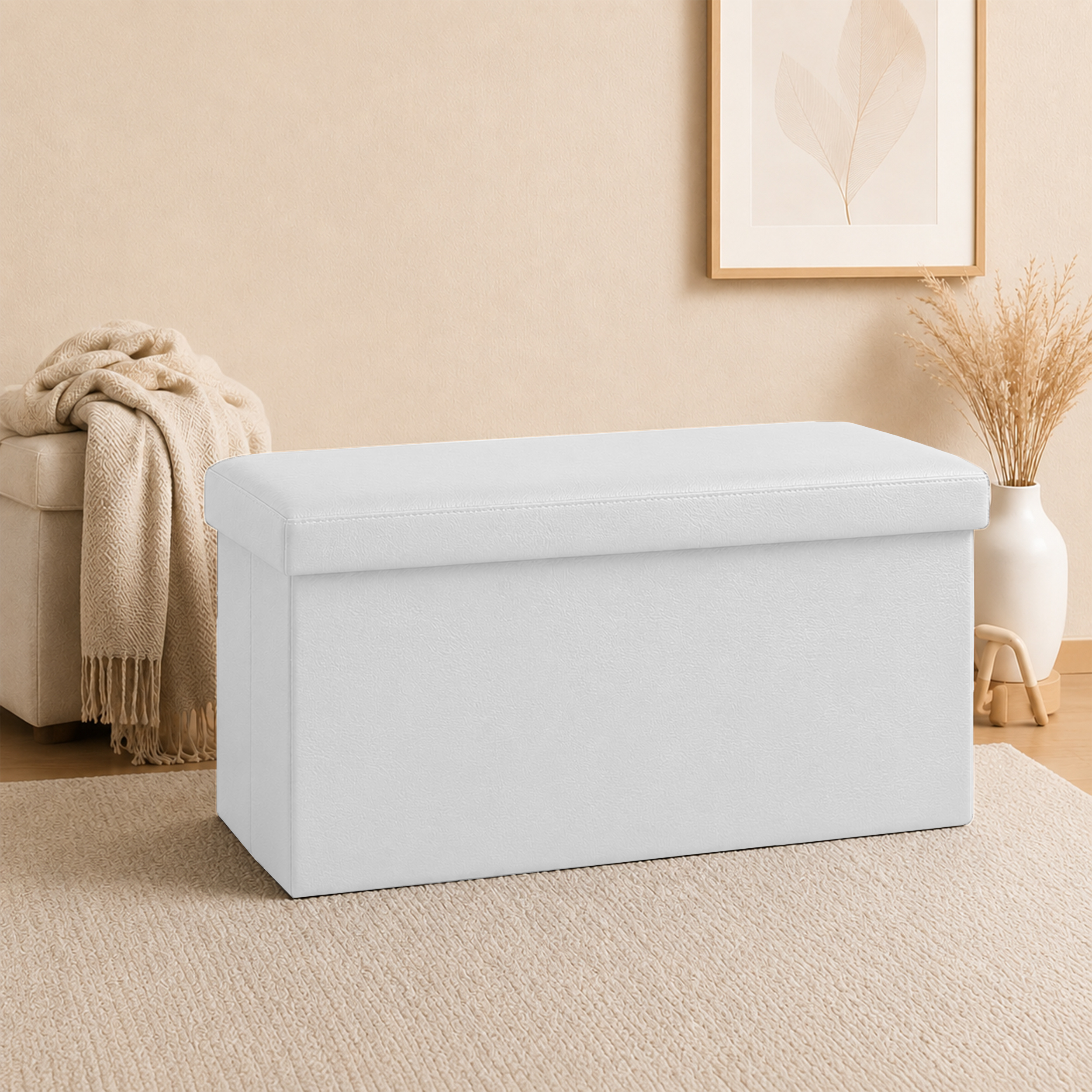 TEMU Leather Storage Ottoman Bench 76cm X 38cm – Foldable Leather Storage Box With Padded Seat, Heavy Duty Large Capacity Blanket, Toy, Clothes &