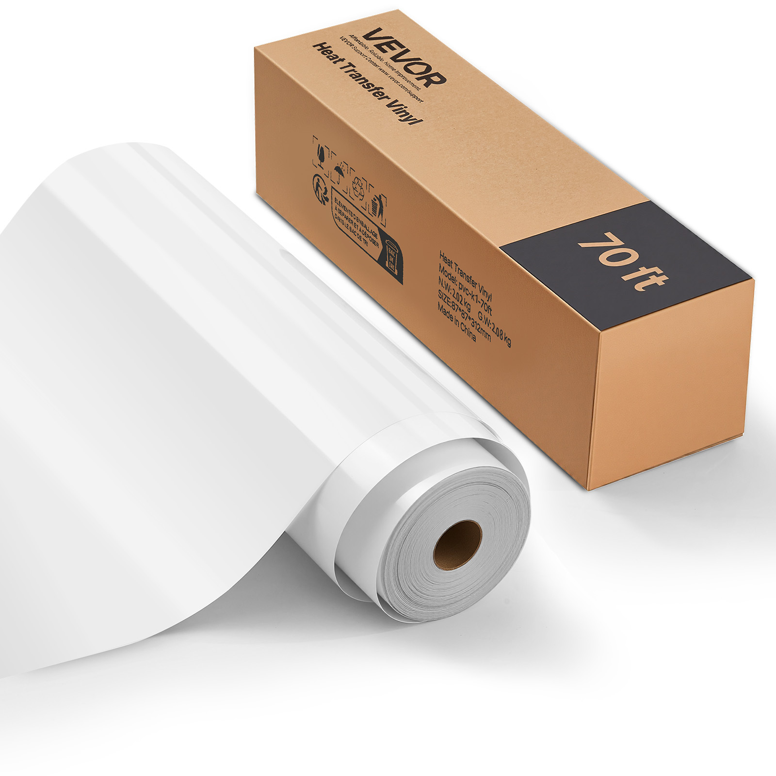 Image of Vevor Heat Transfer Vinyl, 12 70 Ft, Glossy White Iron On Vinyl Roll, Easy To Cut And Weed, Strong , Compatible With Cutting Machines, For Materials, T-shirts, Pillows, Hats