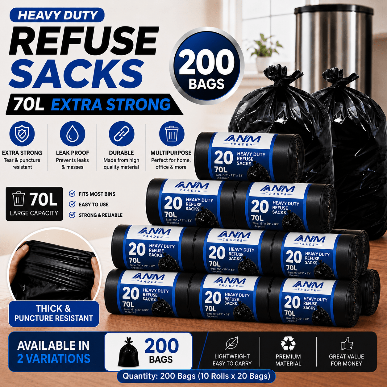 TEMU 200 Heavy Duty 70l Black Bin Bags | Large Rubbish Bags For Home & Commercial Use | Bin Liners (10 Rolls / 200 Bags)