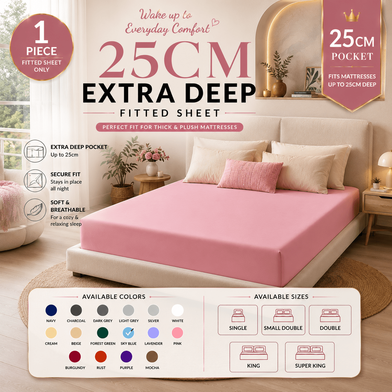 TEMU Summer Cooling Fitted Sheet Only, Soft Breathable Microfiber 25cm Deep Pocket, Solid Color Anti-slip Design, Comfortable Bedding For Dorm Room