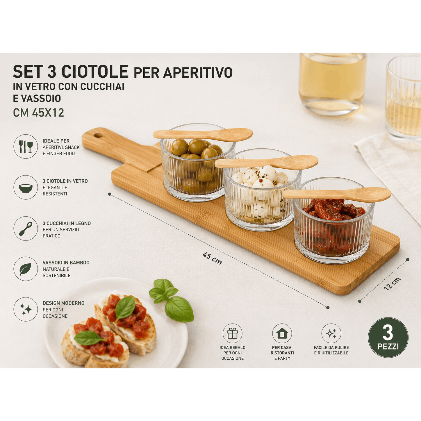 TEMU Set 3 Ciotole in Vetro con Cucchiai e Vassoio Bamboo 45x12 cm �� Elegante Porta Snack per Olive, , Salse e Antipasti | Design Moderno per Casa e