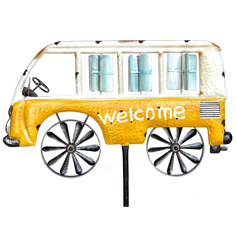 Image of Garden Stake Metal Bus Car Xl 160 Cm Yellow White 96104 Wind Chime Welcome Windmill Weather-resistant Garden Decoration Garden Stick