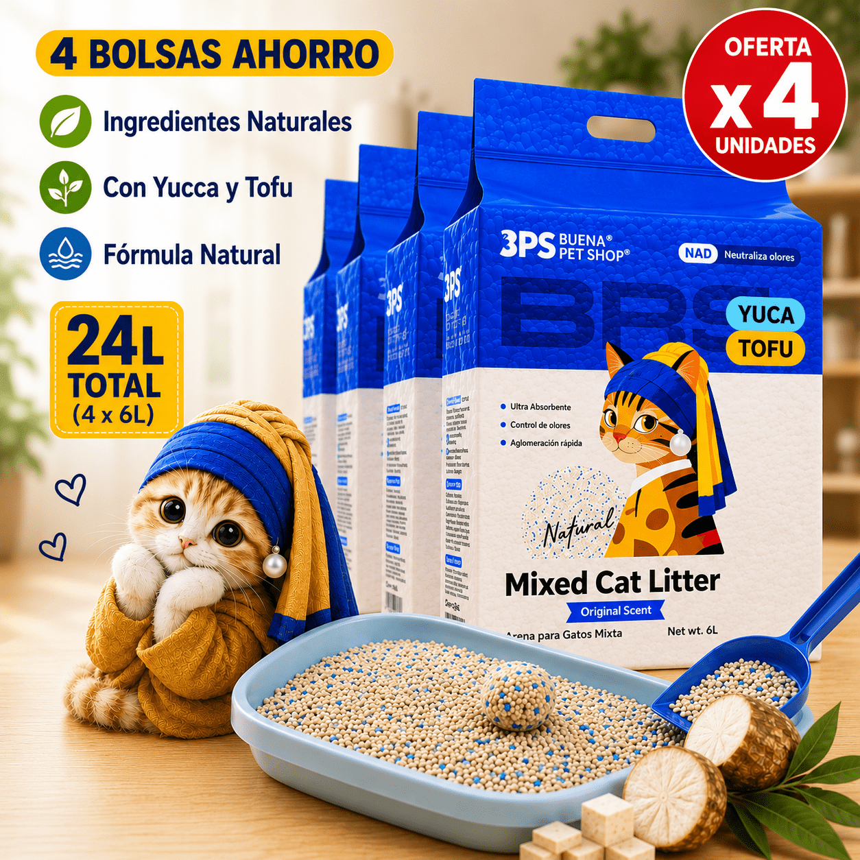 4-pack Agglomerating Litter For Tofu And Cats | Dust-free, , High Absorption, Firm Clumps, Vegetable Litter And
