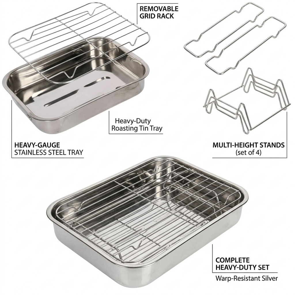 TEMU Stainless Steel Baking Tray With Rack – Heavy Duty Oven Roasting Pan, Easy Clean, Dishwasher Safe, Resistant, Silver (pack Of 1)