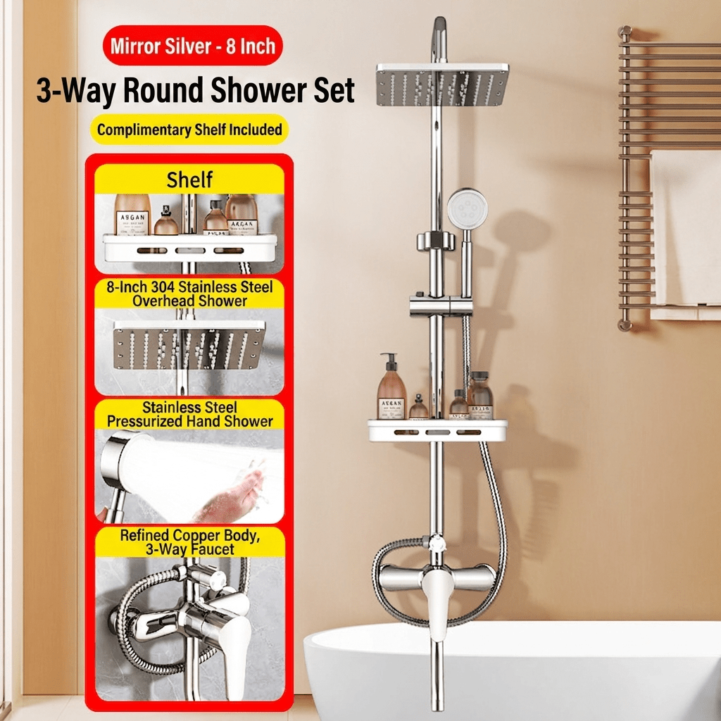 Image of Premium Shower Set With Handle, Stainless Steel Tubes And Overhead Sprayer, 20 Cm Square Waterfall Head, Shelf, Low Water Outlet - Complete Kit With Mounting Accessories