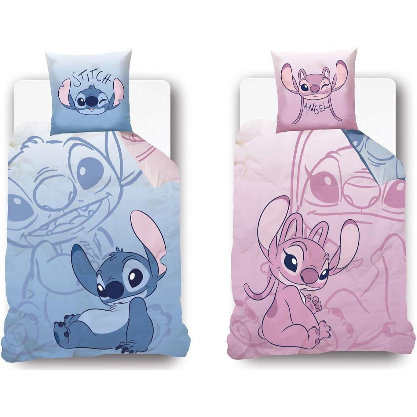 - Reversible Stitch Duvet Cover - Stitch Front, Back - 140x200 Cm + 1 Pillowcase 63x63 Cm - 100% Cotton - Blue And Pink