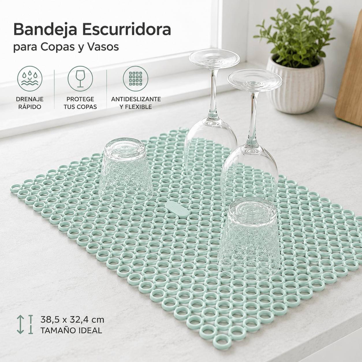 TEMU Alfombrilla Escurridora para Copas, Vasos y Cristalería. Ideal para encimera o cajones | Bandeja de Silicona Antideslizante con Secado Rápido |
