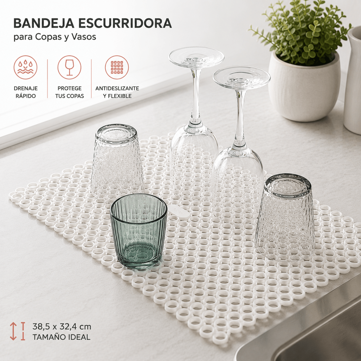 TEMU Alfombrilla Escurridora para Copas, Vasos y Cristalería. Ideal para encimera o cajones | Bandeja de Silicona Antideslizante con Secado Rápido |