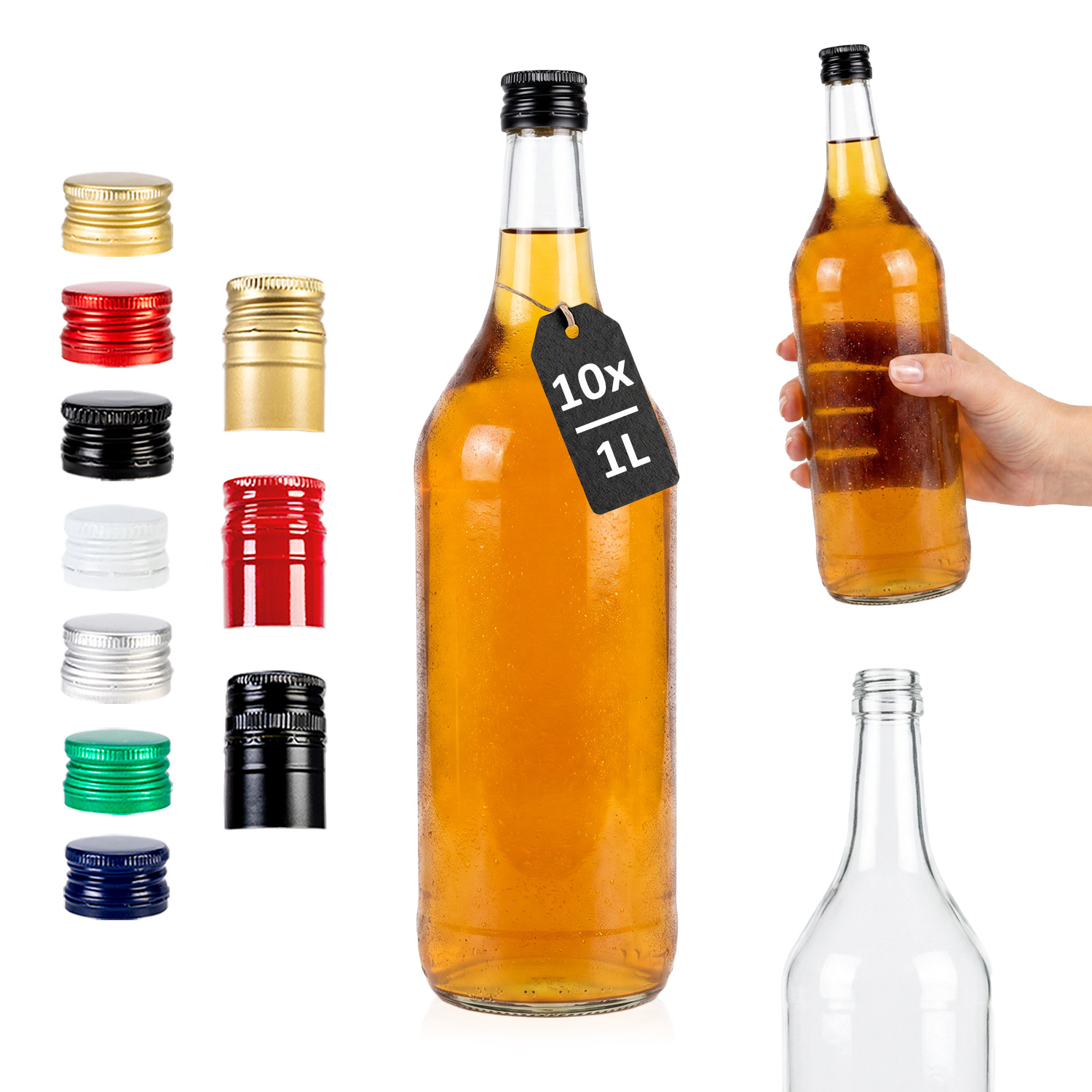 Image of 10 Pcs. Moonshine, Vodka, Alcohol Bottles, Glass Bottle 1 L 1000 Ml - Set Of Bottles With Caps