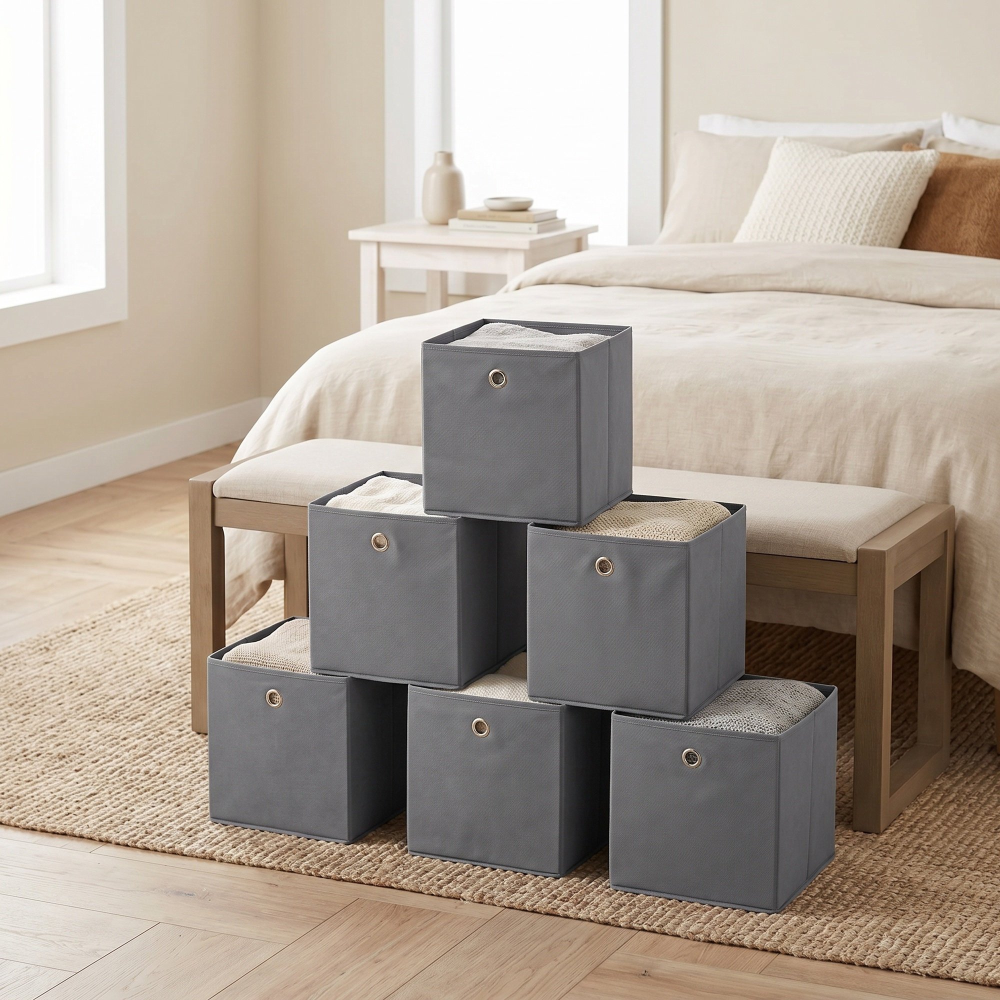 Storage Box 6pcs Set, Foldable Fabric Box With Metal Handle, 30 X 30 X 30 Cm, Gray