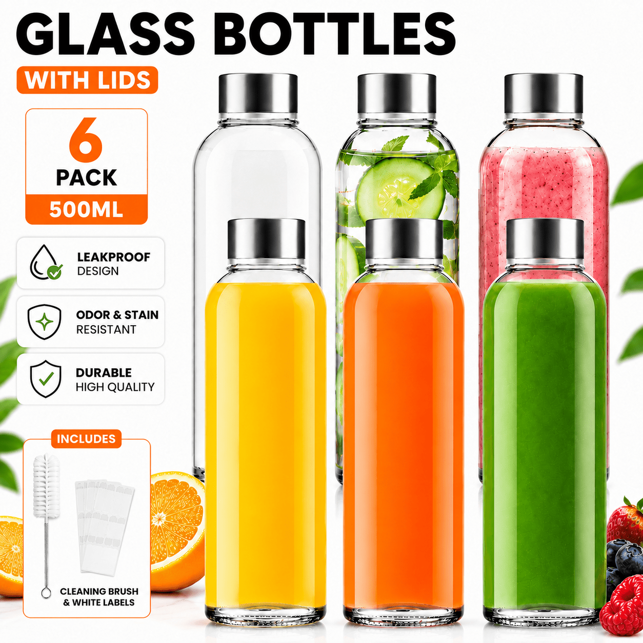 TEMU Glass Bottles With Lids - 6 Pack 500ml Leakproof, Reusable Glass Drinking Bottle For Water, Juice, Milk And Smoothie - With Airtight Metal Lids,