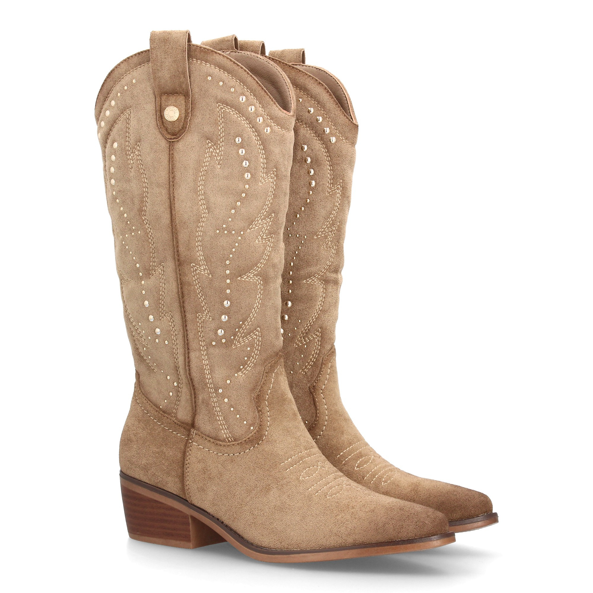 Image of Women's Western-style Cowboy Boots With Elegant Design. High Shaft With Decorative Embroidery And Metal Studs. Medium-height Wide Heel, Fine Point. Ideal For Autumn Winter.