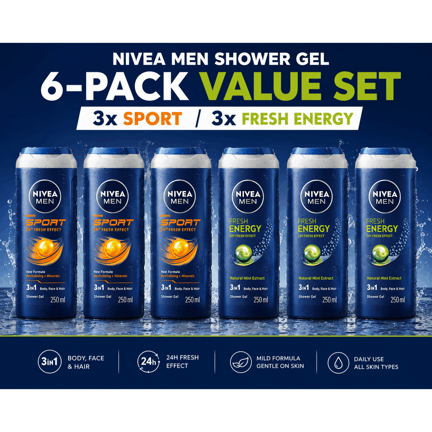 TEMU Nivea Men Shower Gel Value Pack – 6 Bottles (3x Sport 250ml + 3x 250ml) | 3-in-1 Body, Wash | Men's Shower Gel Set