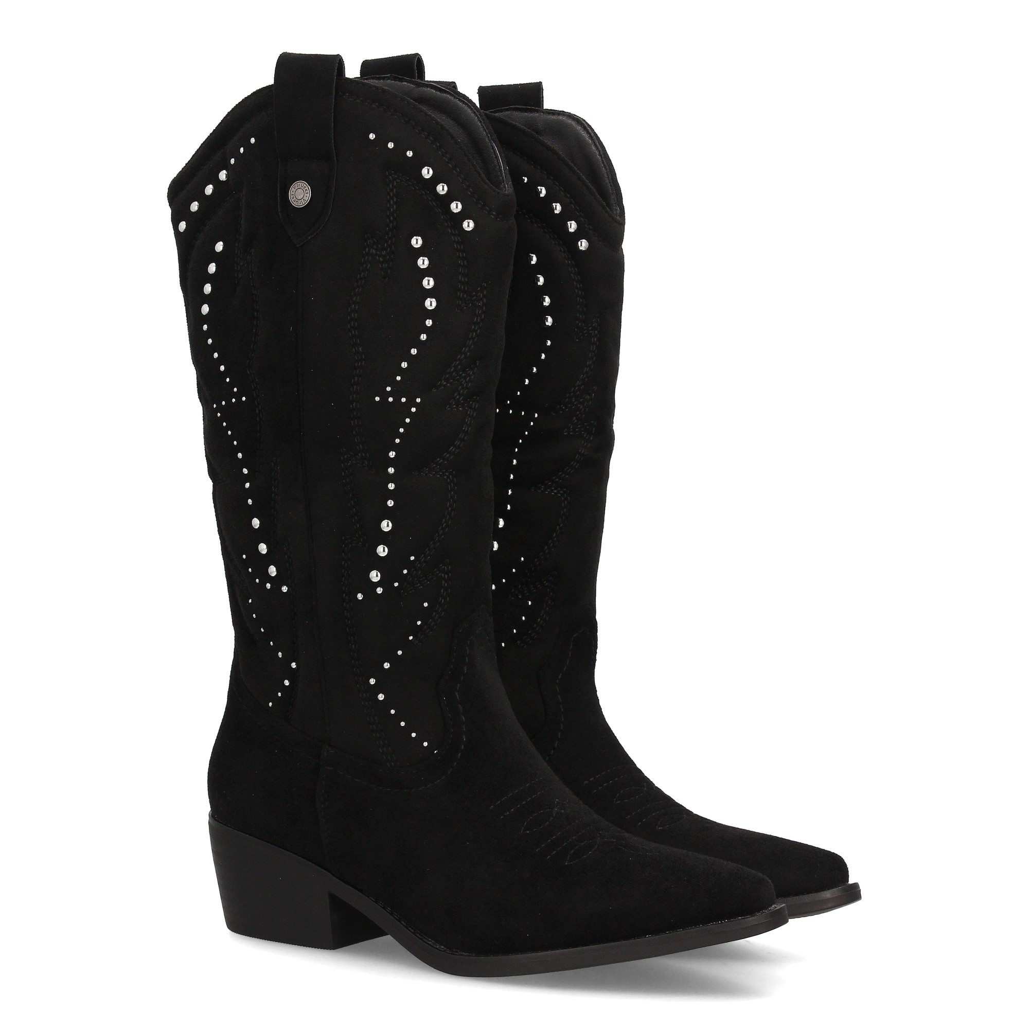 Women's Western-style Cowboy Boots With Elegant Design. High Shaft With Decorative Embroidery And Metal Studs. Medium-height Wide Heel, Fine Point. Ideal For Autumn Winter.