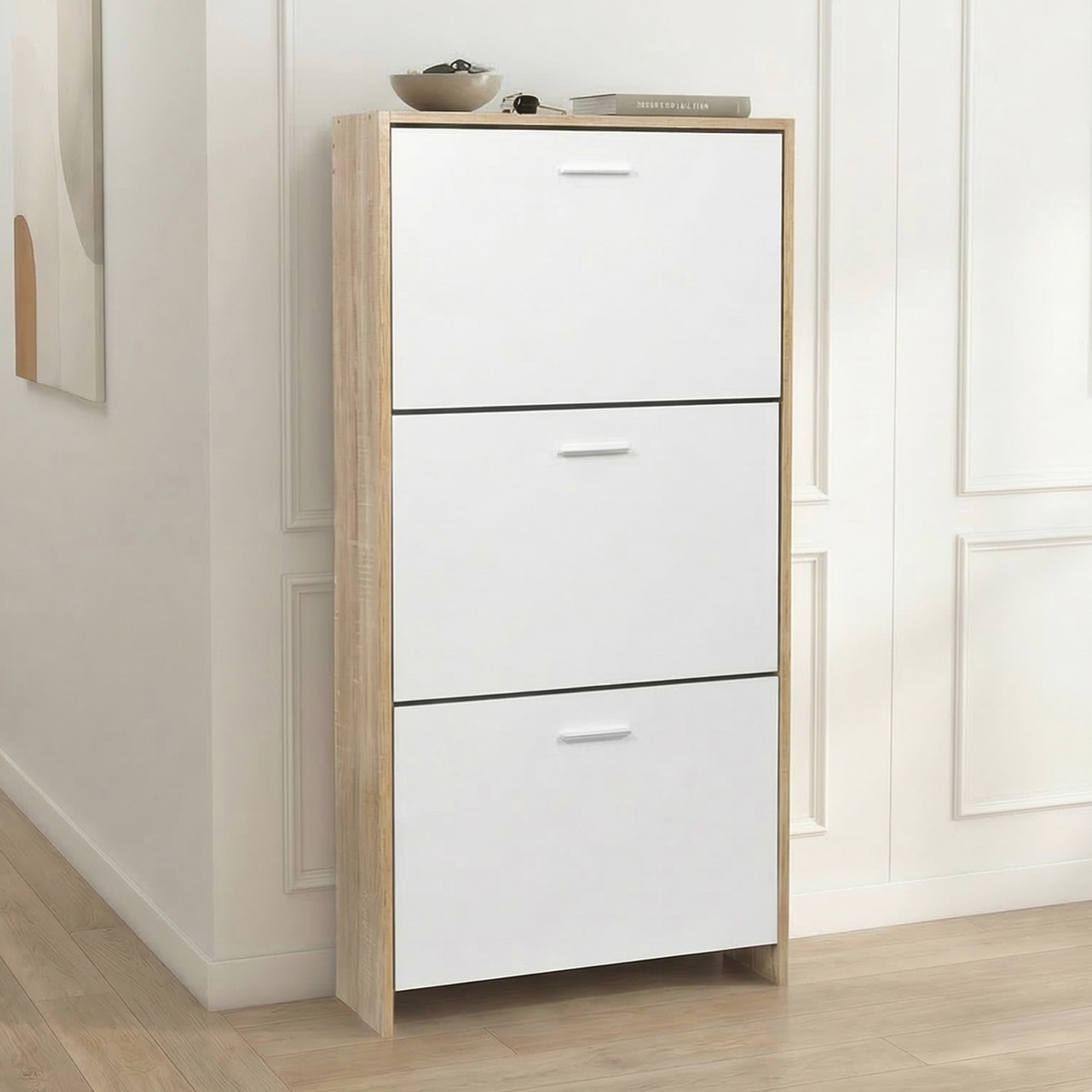 Image of Shoe Cabinet With 3 Flap Compartments, Wooden Shoe Storage Cabinet For Up To 18 Pairs, Space Saving Entryway Organizer
