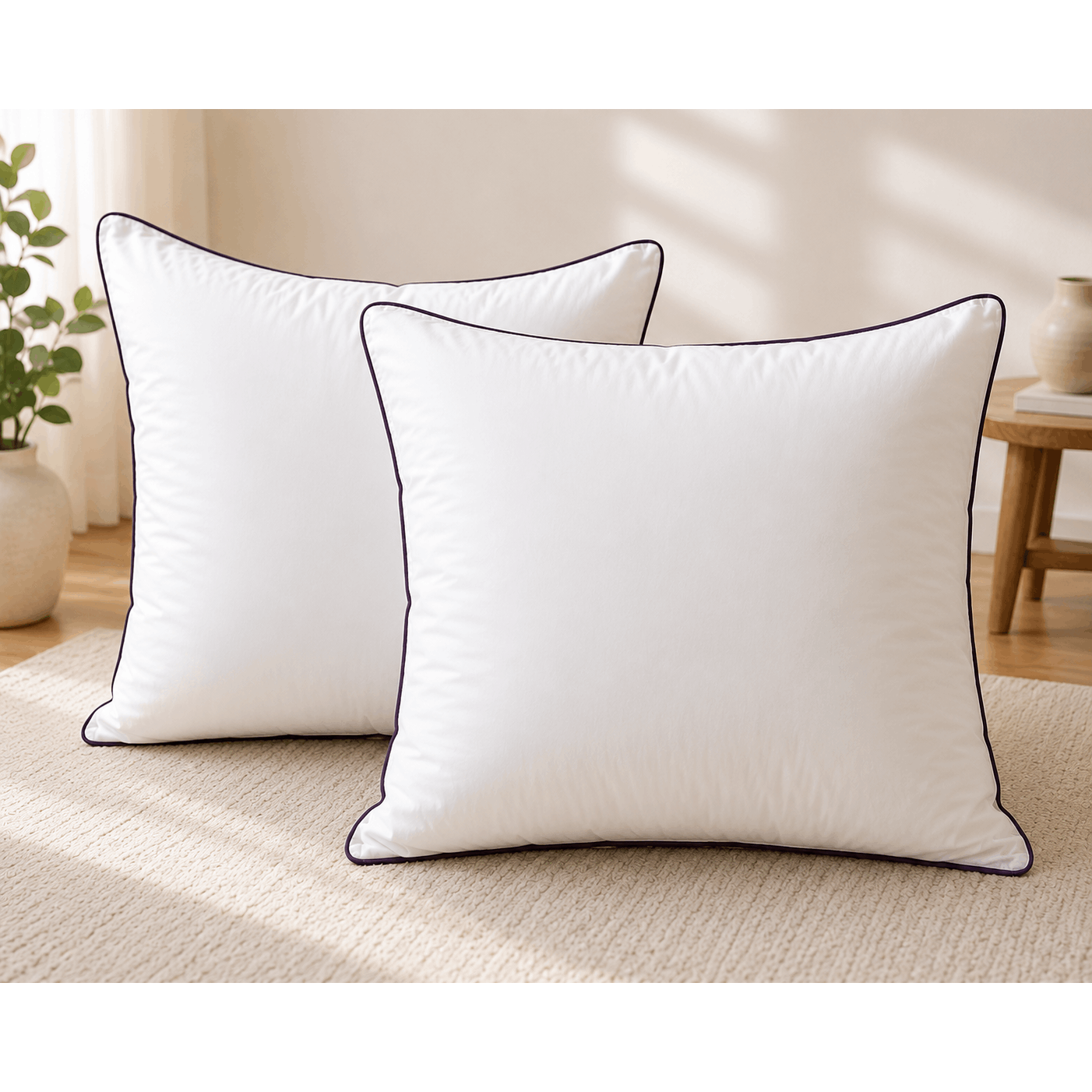 Pillow 80x80 Cm – 100% Cotton Cover With Dark Violet Piping – Soft Polyester Filling – Plush Sleeping Pillow With Zipper