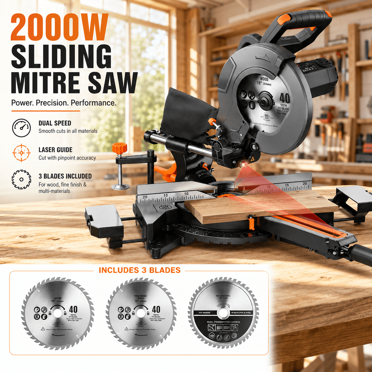 Image of 2000w Sliding Mitre Saw With Laser, 3200/5000rpm, 340×90mm Cutting Capacity, 3 Tct Included, 45° & Mitre Cuts, For Wood, Pvc & Aluminium