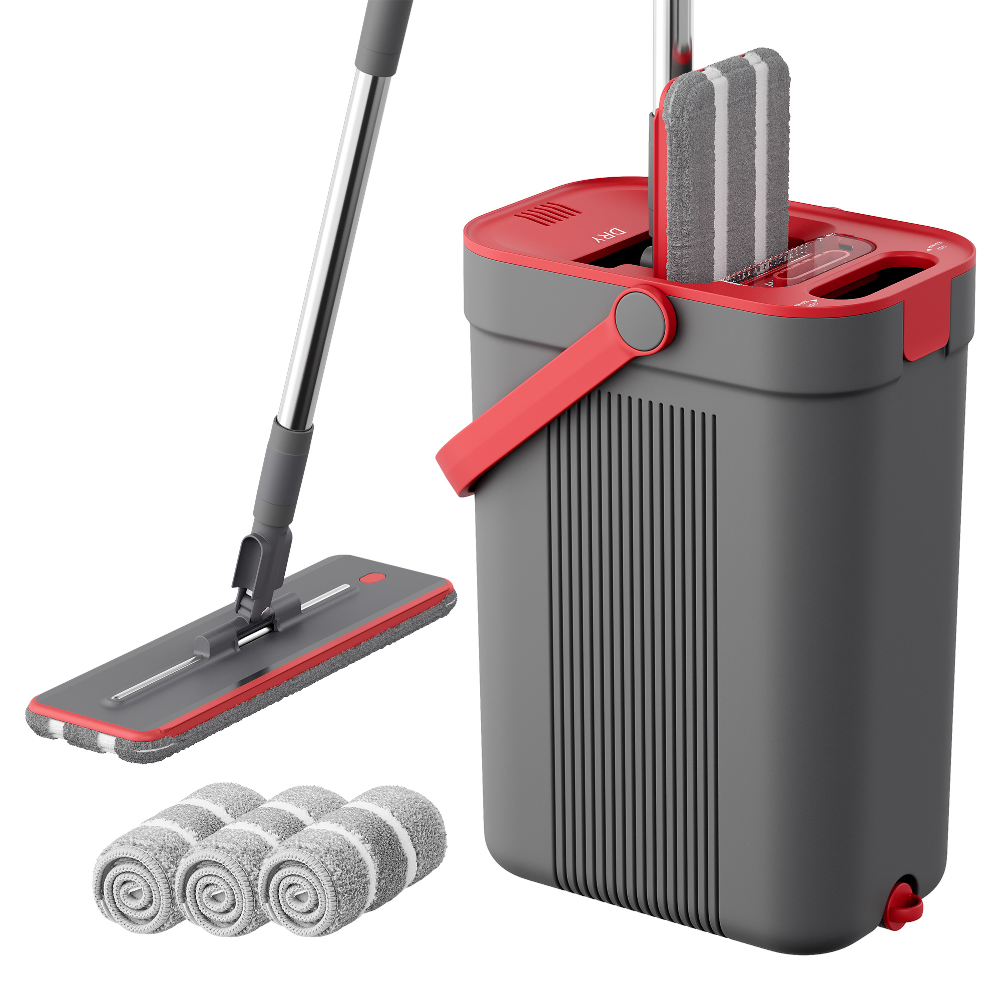 Image of Mop Set With Bucket, Floor Squeegee, Fresh And , Rotatable Mop Head, 1/3 Cover, Gray-red