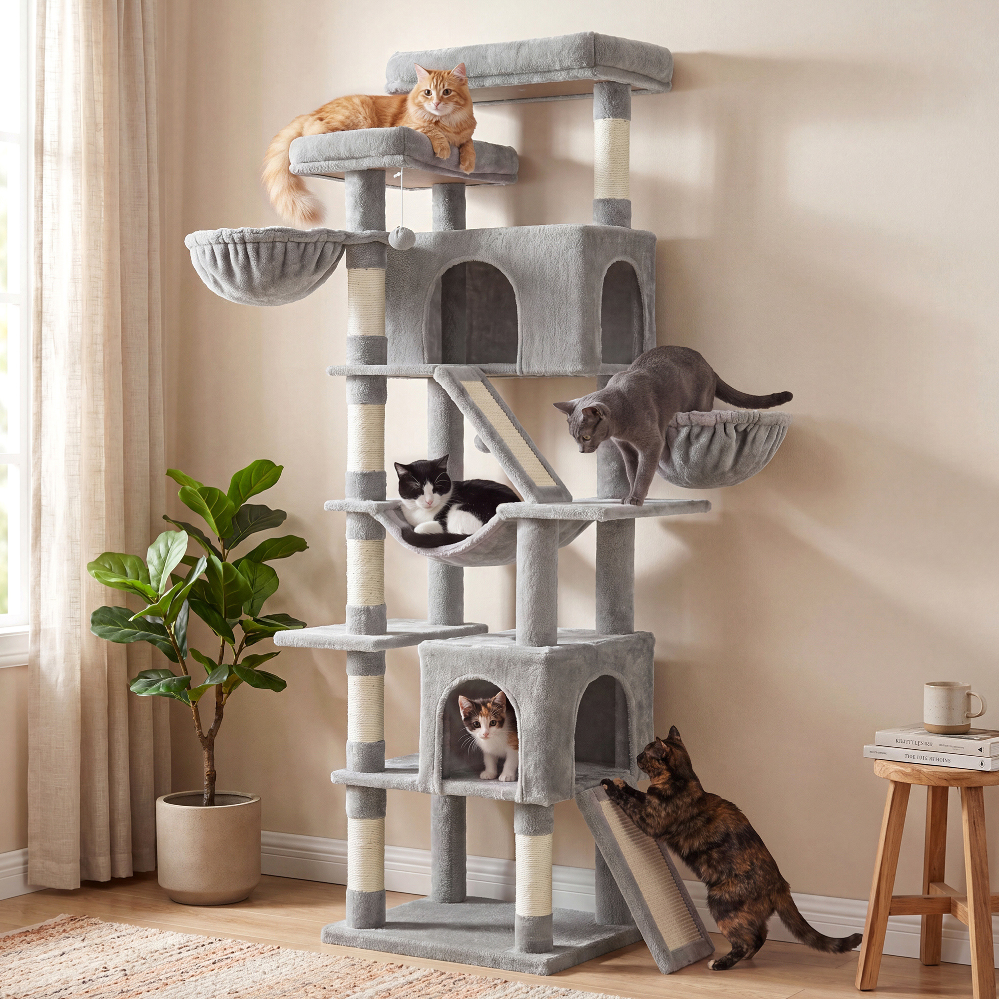 TEMU Arbre à Chat XXL avec 7 Zones de , Griffoir en Sisal pour Multi-Chats, 55 x 45 x 206 cm, foncé et