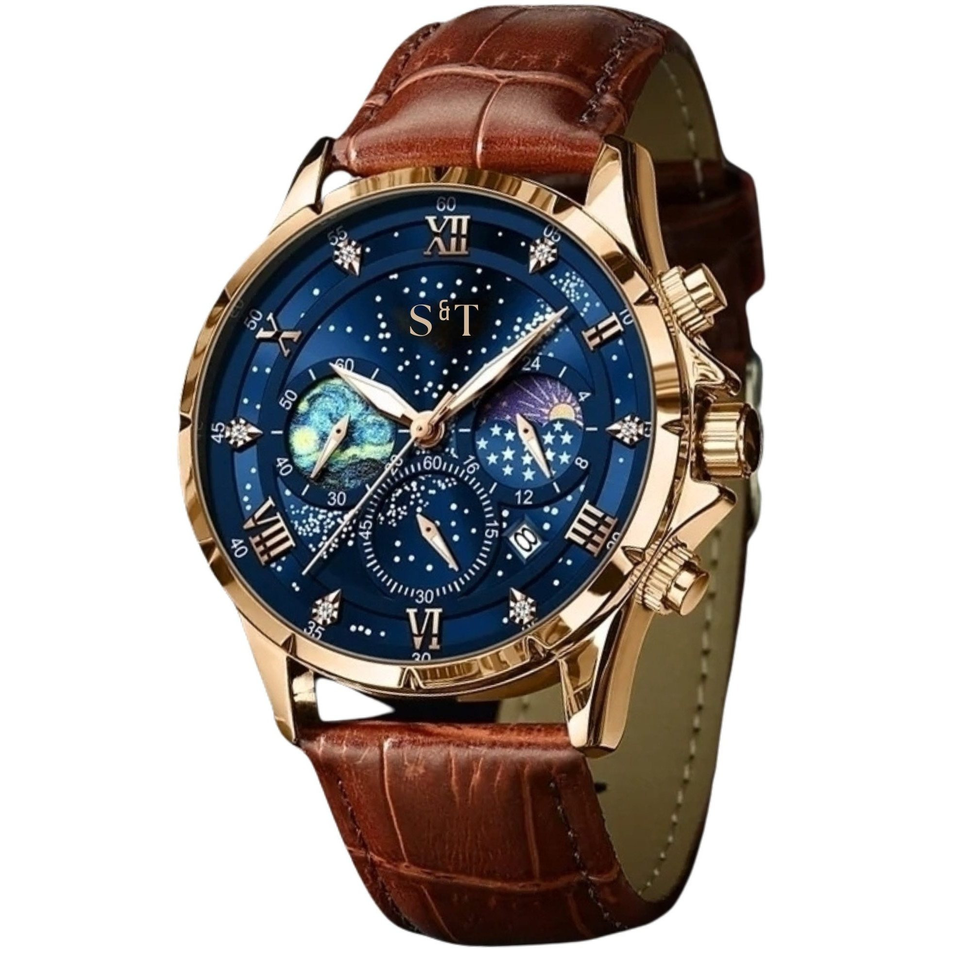Image of Mansa Lux Men's Quartz Chronograph Watch With Blue Gold Leather Strap, Business Wristwatch With Date, Roman , Luminous Hands, 3atm Waterproof, Gift Box