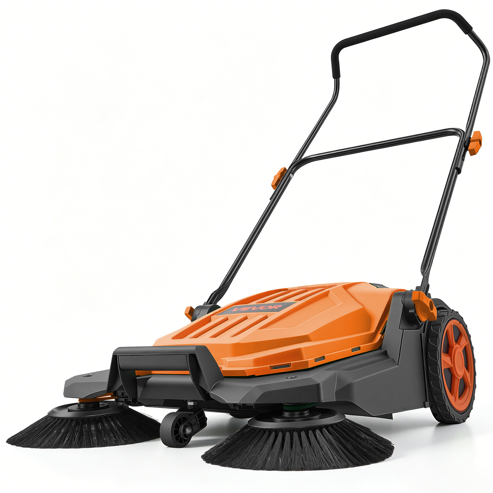 Image of Vevor Walk-behind Hand Push Floor Sweeper, Manual Floor Sweeper Non-electric With 650mm Sweeping Width, 18.9l Waste Container & Adjustable Folding Handle For Yards Walkways Patios Garages - Orange