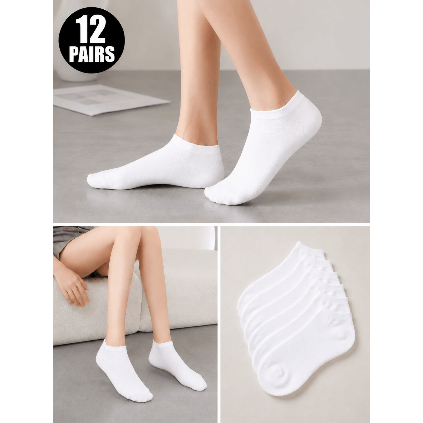 TEMU Fortuna Women's Short Socks 12 Pairs, Soft Breathable And Comfortable, Elastic And Delicate On Skin, Casual Women's Socks, White Black And 5 Mix